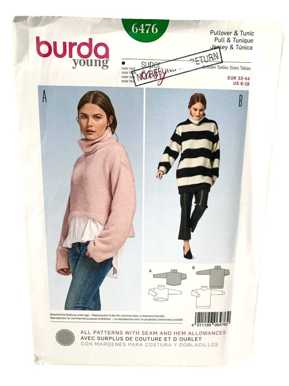 Burda 6476 Pattern Misses  Pullover Top Tunic  Size 8 10 12 14 16 18